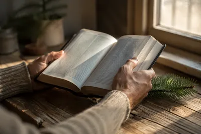 Hands Holding Bible with Evergreen Sprig