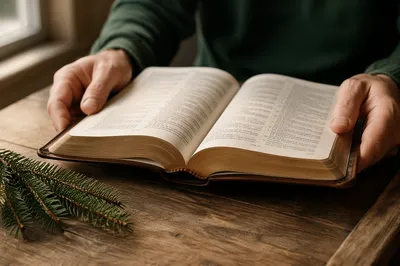 Hands Holding Open Bible with Evergreen