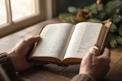 Hands Holding Open Bible by Window