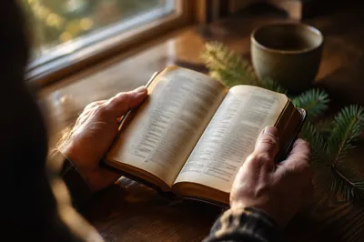 Hands Holding Open Bible by Window