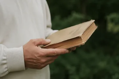 Hands Holding Worn Bible in Evergreen Light