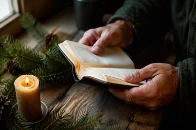Weathered Hands Holding Bible in Winter Light