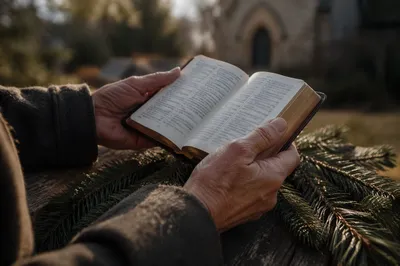 Weathered Hands Holding Bible Among Evergreens