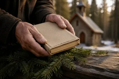 Weathered Hands Holding Bible with Evergreen