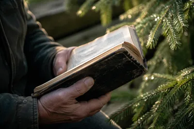 Weathered Hands Holding a Worn Bible