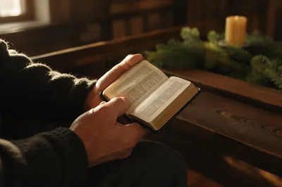 Hands Holding Bible in Quiet Chapel