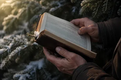 Weathered Hands Holding Bible in Evergreen Light