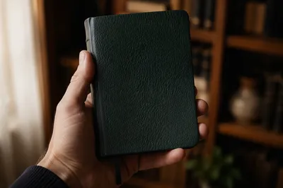 Hand Holding Leather Bible in Warm Light
