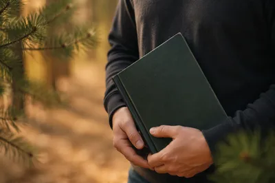 Hands Holding Green Bible Near Evergreens
