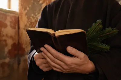 Hands Holding Bible with Evergreen Sprigs
