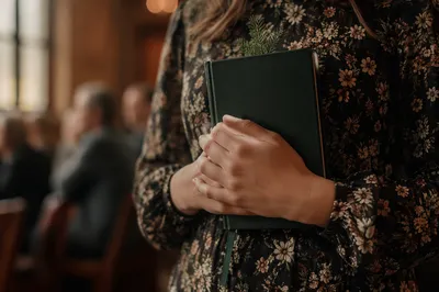 Hands Holding Green Bible Close Up