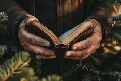 Weathered Hands Holding Bible Among Evergreens