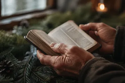 Weathered Hands Holding Bible Among Evergreens