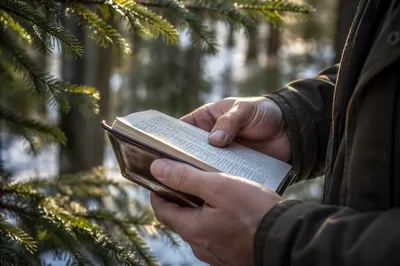 Weathered Hands Holding Bible in Evergreen Light