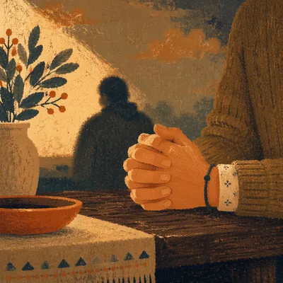 Soft Lit Praying Hands on Wooden Table