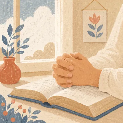 Praying Hands on Open Book in Soft Light