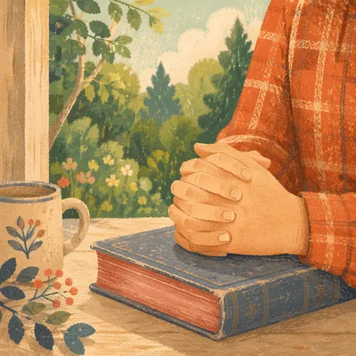 Praying Hands on Worn Book in Sunlight