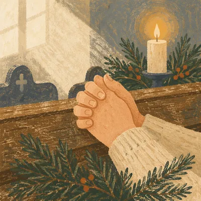Praying Hands with Evergreen Candlelight