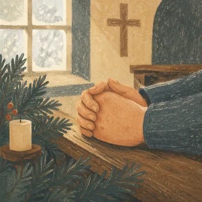Praying Hands with Evergreen and Candlelight