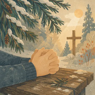 Praying Hands Beneath Winter Evergreens