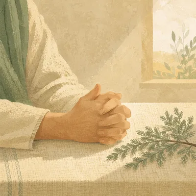 Praying Hands in Soft Evergreen Light