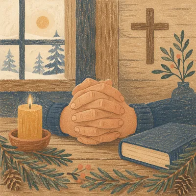 Praying Hands with Evergreen and Candlelight