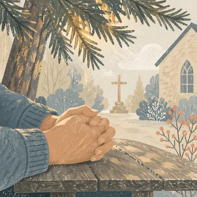 Praying Hands Beneath Evergreen Morning Light