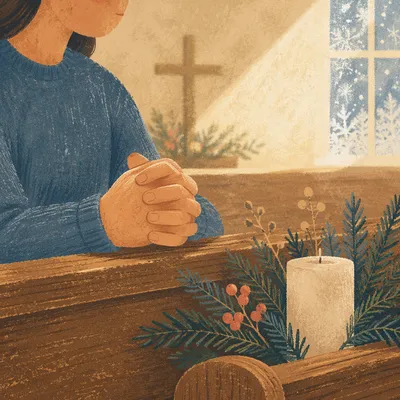 Praying Hands with Evergreen Chapel Light