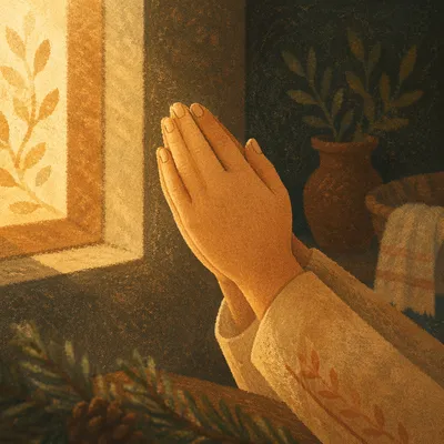 Praying Hands in Warm Evergreen Light