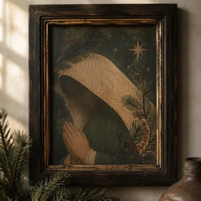 Antique Framed Devotional Picture with Praying Hands