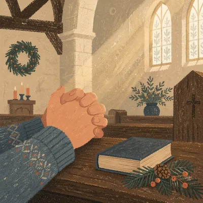 Praying Hands on Pew with Evergreen Sprig