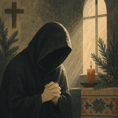 Hooded Prayer Hands in Soft Chapel Light