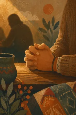 Praying Hands in Warm Evergreen Light