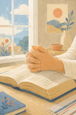 Praying Hands on Open Book in Soft Light
