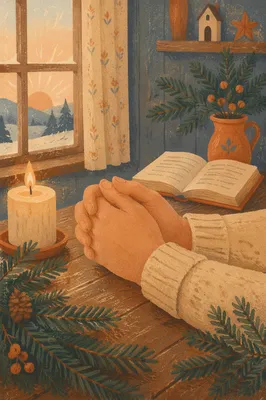 Praying Hands with Evergreen and Candlelight