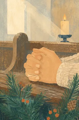 Praying Hands with Evergreen and Candlelight
