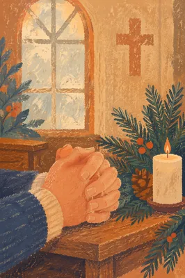 Praying Hands with Evergreen and Candlelight