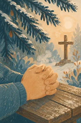 Praying Hands Beneath Winter Evergreen Light