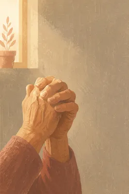 Older Hands Praying in Warm Soft Light