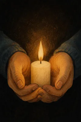 Praying Hands Holding Candle in Soft Light