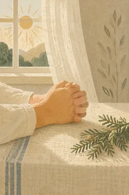 Praying Hands with Evergreen in Soft Light