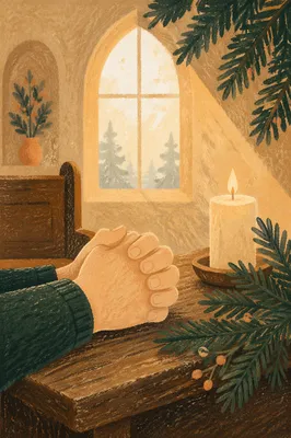 Praying Hands with Evergreen Chapel Light