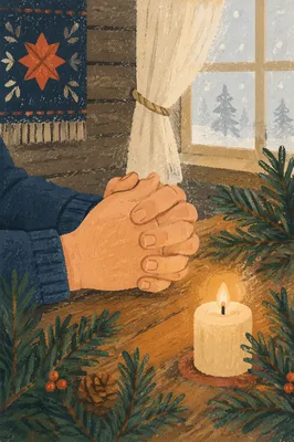 Praying Hands with Evergreen and Candlelight