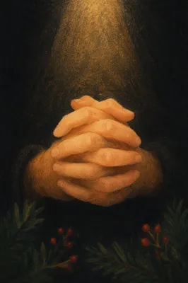 Praying Hands in Soft Evergreen Light
