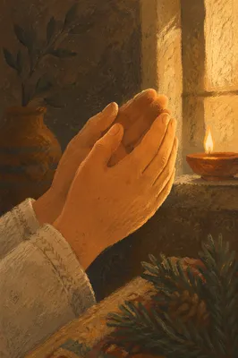 Praying Hands in Warm Evergreen Light