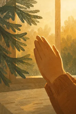 Praying Hands in Soft Evergreen Morning Light