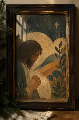 Antique Framed Devotional Picture with Praying Hands