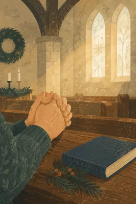 Praying Hands on Pew in Winter Light