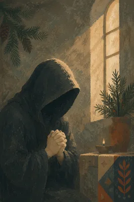 Hooded Prayer Hands in Soft Evergreen Light