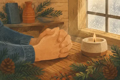 Praying Hands with Evergreen in Soft Morning Light